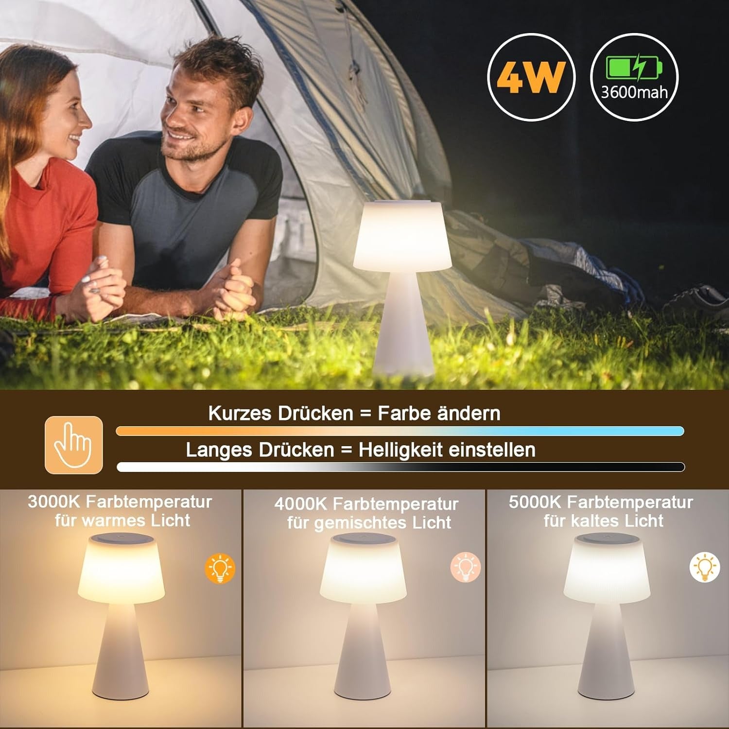 Homefire Tischlampe Solar LED Tischleuchte Kabellos - Akku Tischleuchte mit USB-C Touch Dimmbar 3000K - 5000K Weiß Nachttischlampe 3600mAH Aufladbar für Wohnzimmer Schlafzimmer Outdoor