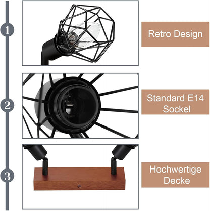 Homefire Deckenstrahler 2 Flammig Deckenlampe Vintage - Deckenleuchte Schwarz Holz Denckenspots E14 Retro Metall Schwenkbar 350°