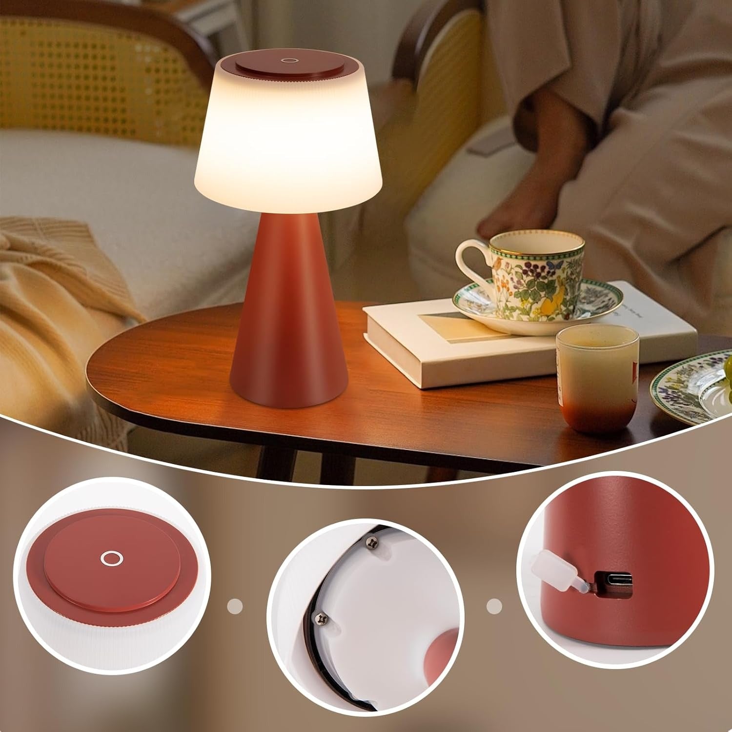 Homefire Tischlampe Akku Nachttischlampe LED - 2er Set 3600mAH Kabellos Tischleuchte Touch Dimmbar Lampe IP44 mit USB Aufladbar Rot Batterie Tischlampen für Modern Wohnzimmer Schlafzimmer Outdoor