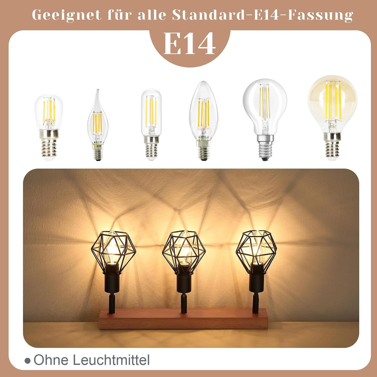 Homefire Deckenstrahler 3 Flammig Schwarz Holz - E14 Denckenspots Retro Deckenlampe Metall Schwenkbar 350° Deckenleuchte
