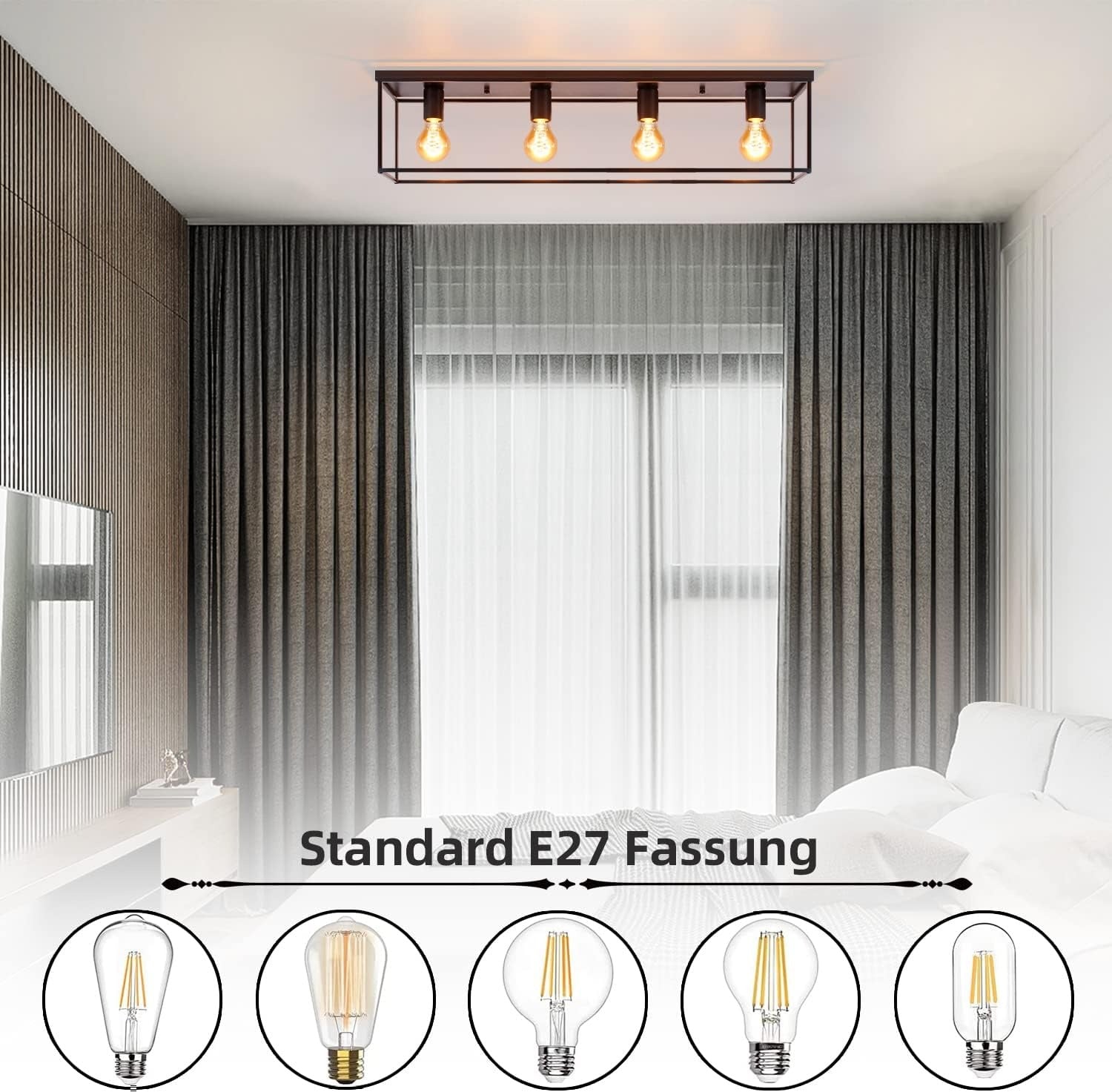 Homefire Deckenleuchte E27 Deckenlampe Vintage - Schwarz industrial Wohnzimmerlampe Retro Lampe aus Metall mit 4 Flammig Deckenbeleuchtung für Schlafzimmer Küche Flur - Ohne Leuchtmittel