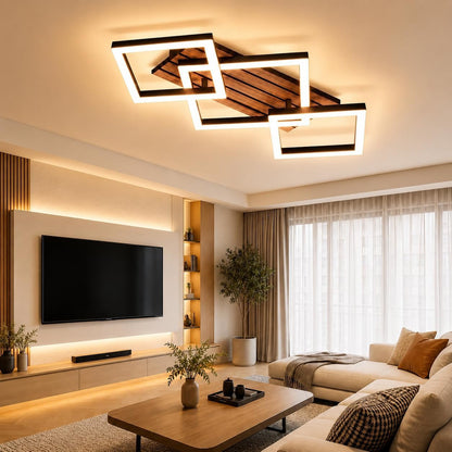 Homefire LED Deckenleuchte Wohnzimmer Deckenlampe - Wohnzimmerlampe 58CM Schwarz Modern Design Schlafzimmerlampe 3000K Eckig Schlafzimmer in Holzoptik Küchenlampe für Esszimmer Arbeitszimmer Küchen