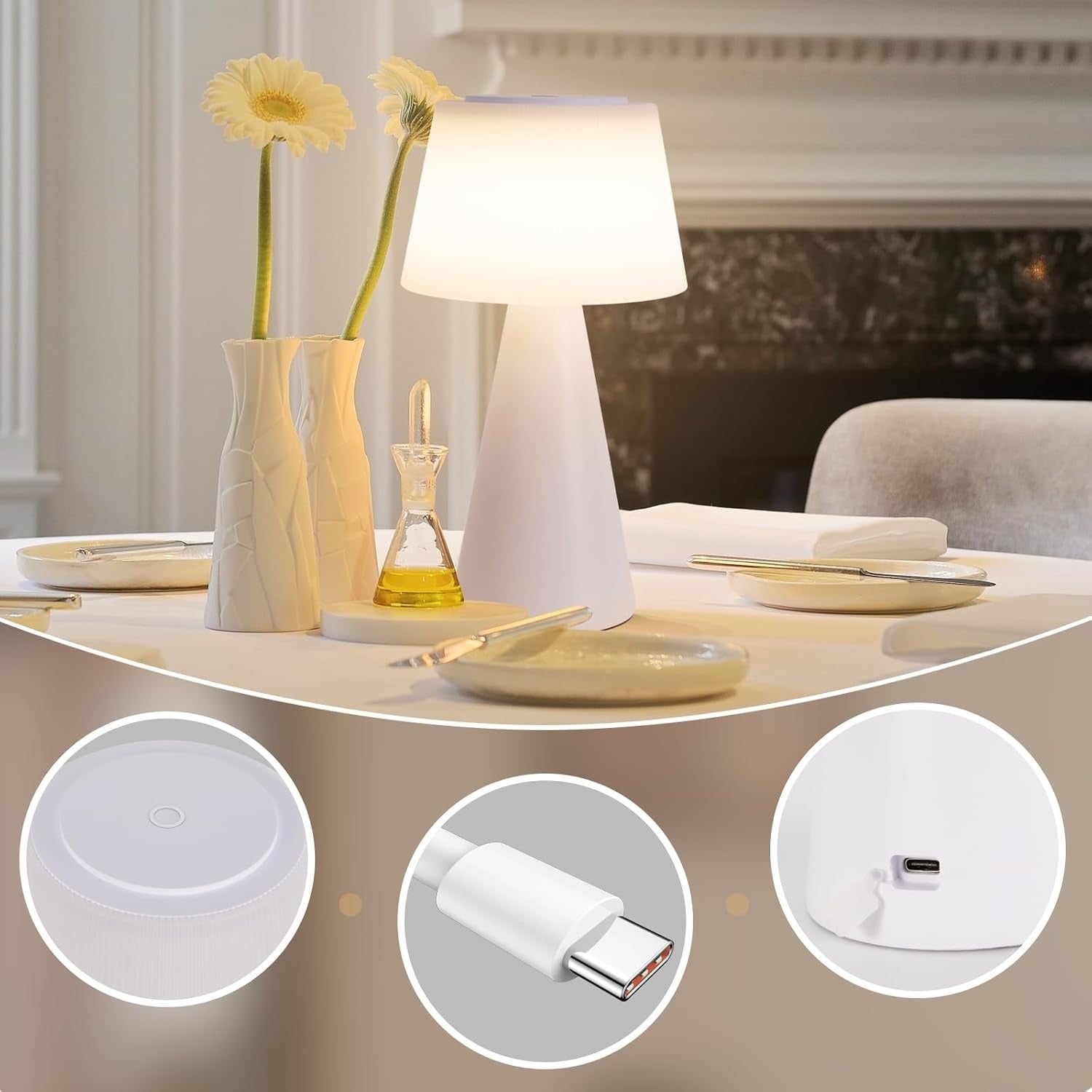 Homefire Tischlampe Solar LED Tischleuchte Kabellos - Akku Tischleuchte mit USB-C Touch Dimmbar 3000K - 5000K Weiß Nachttischlampe 3600mAH Aufladbar für Wohnzimmer Schlafzimmer Outdoor