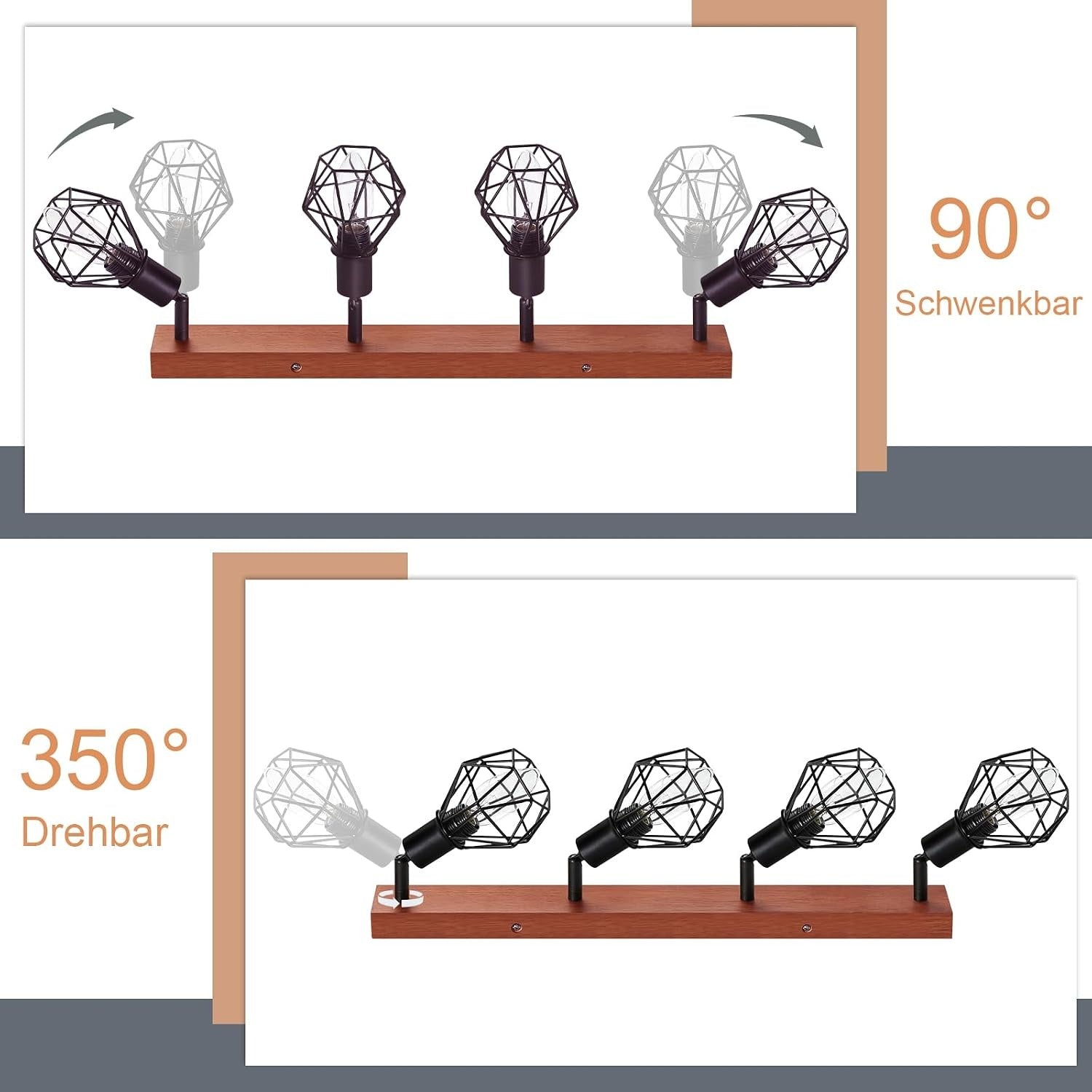 Homefire Schwarz 4 Flammig E14 Denckenspots - Holz Vintage Metall Deckenlampe Schwenkbar 350°