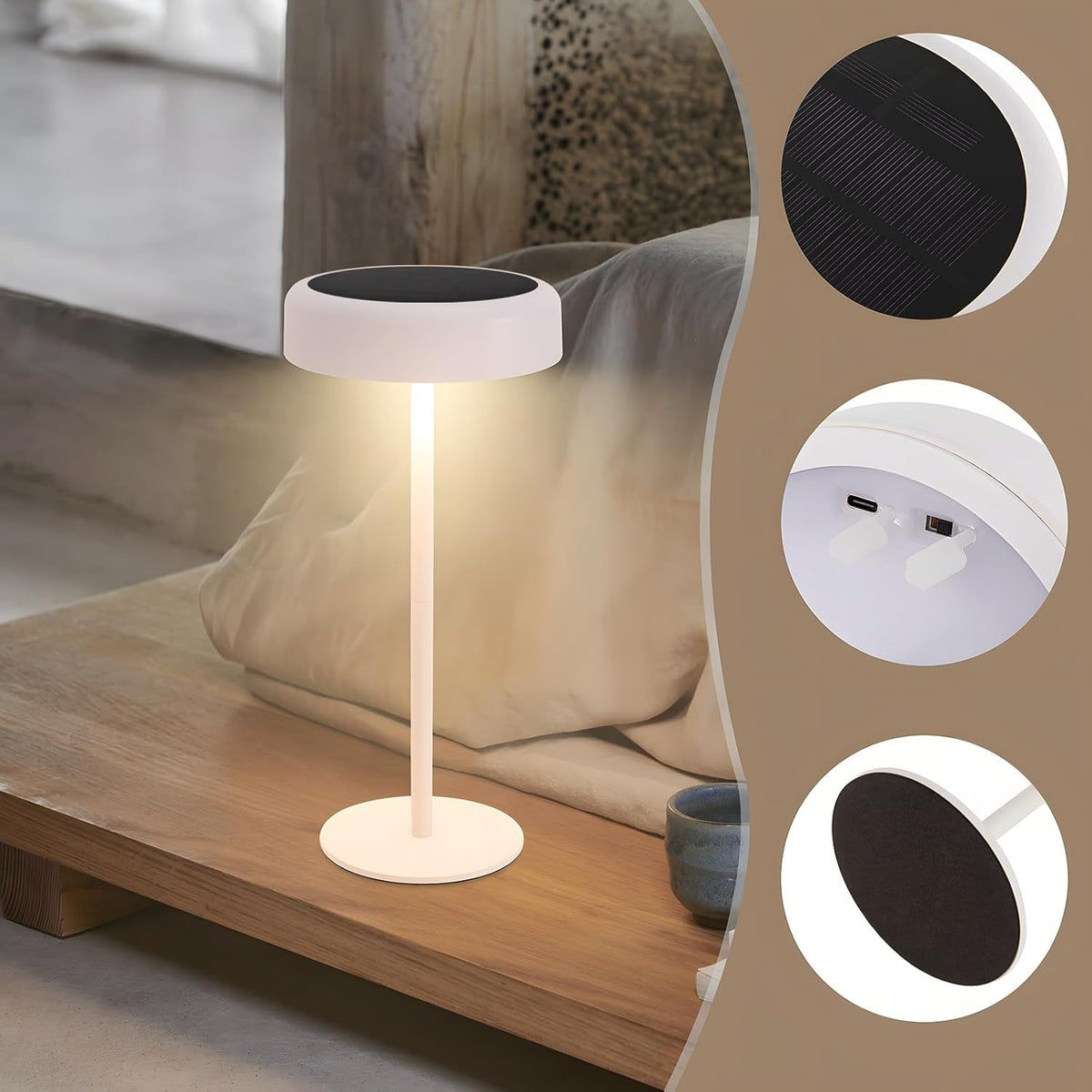 LED Tischlampe Kabellos Tischleuchte Akku - Solar Tischlampe Touch Dimmbar 3000-5000K mit USB-C Aufladba 3600mAH Weiß Tischlampen IP44 Wasserdicht für Innen und Aussen