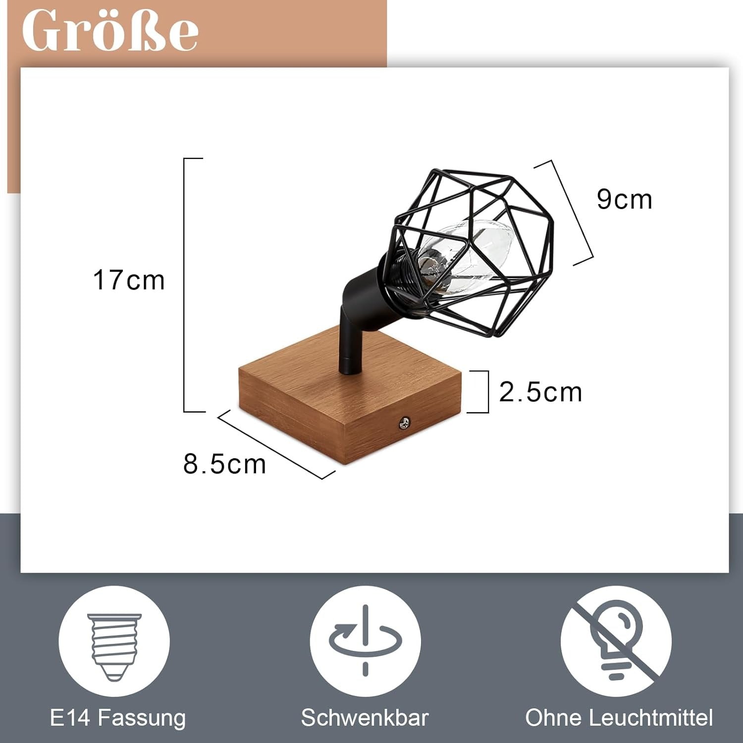 Homefire Deckenstrahler 1 Flammig Schwarz Deckenspot - Holz Deckenlampe E14 Vintage Metall Schwenkbar 350° Innen Deckenleuchte