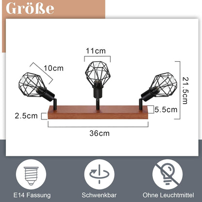 Homefire Deckenstrahler 3 Flammig Schwarz Holz - E14 Denckenspots Retro Deckenlampe Metall Schwenkbar 350° Deckenleuchte