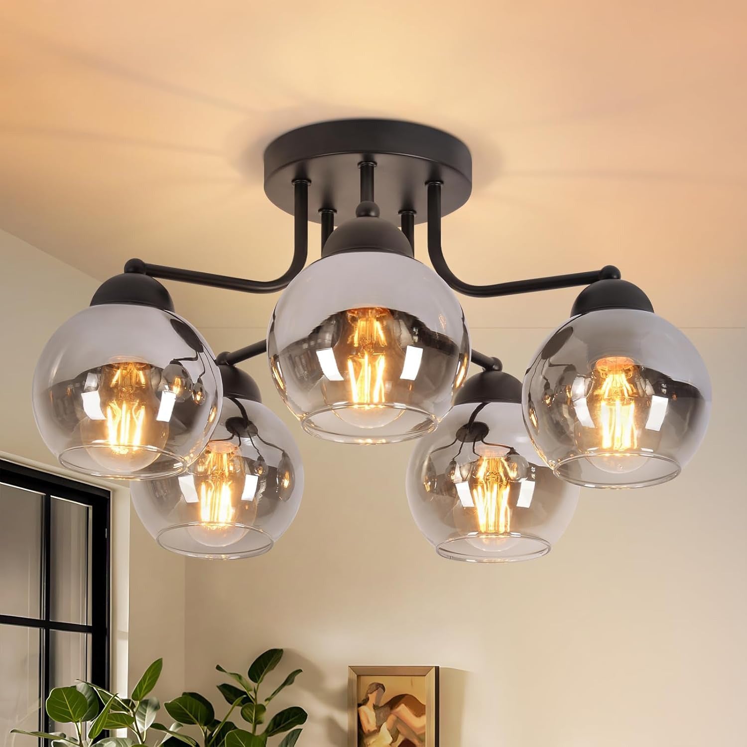 Deckenlampe Glas Deckenleuchte Wohnzimmer Vintage: Schwarz Wohnzimmerlampe 5 flammig Rauchgrau aus Metall Industrial E27 Retro Küchenlampe decke für Schlafzimmer Küche - Ohne Leuchtmittel
