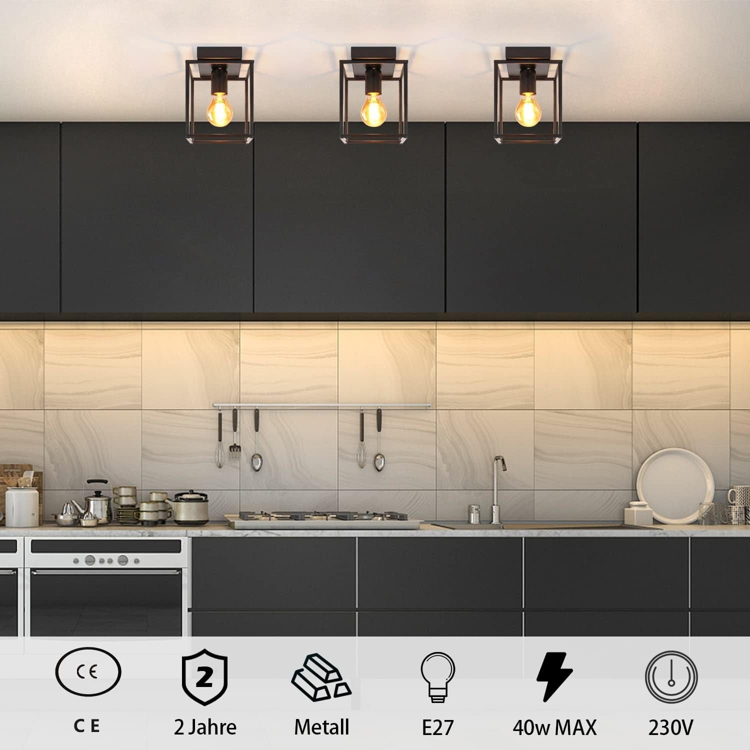 Homefire Deckenleuchte E27 Deckenlampe Retro - Schwarz industrial Küchenlampe für Schlafzimmer Wohnzimmer Vintage Lampe aus Metall Deckenbeleuchtung für Flur Küche Esszimmer - Ohne Leuchtmittel