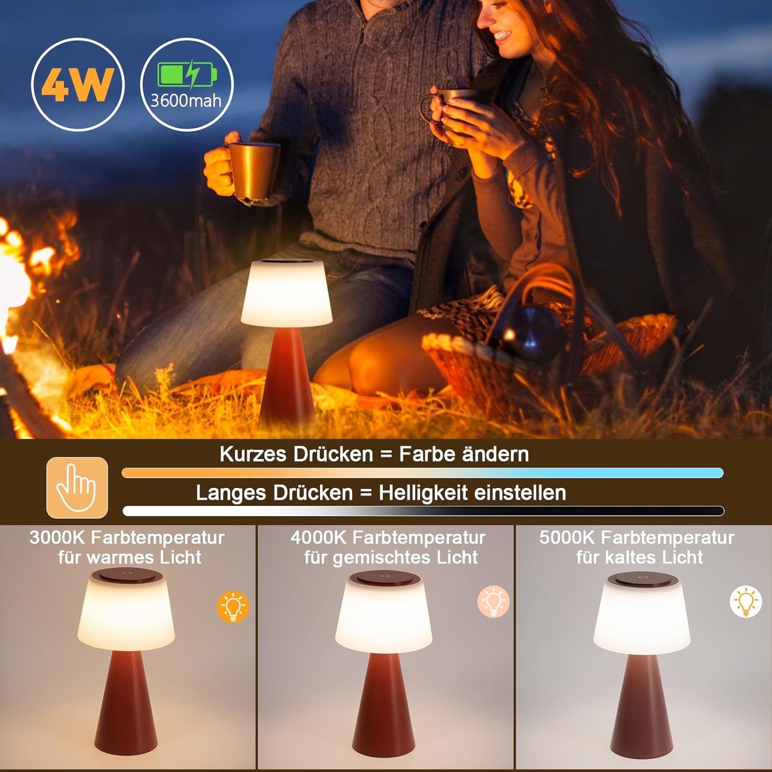 Homefire Tischlampe Akku Nachttischlampe LED - 2er Set 3600mAH Kabellos Tischleuchte Touch Dimmbar Lampe IP44 mit USB Aufladbar Rot Batterie Tischlampen für Modern Wohnzimmer Schlafzimmer Outdoor