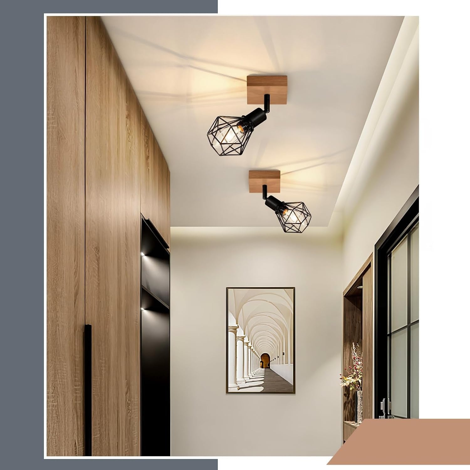 Homefire Deckenstrahler 1 Flammig Schwarz Deckenspot - Holz Deckenlampe E14 Vintage Metall Schwenkbar 350° Innen Deckenleuchte