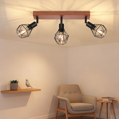 Homefire Deckenstrahler 3 Flammig Schwarz Holz - E14 Denckenspots Retro Deckenlampe Metall Schwenkbar 350° Deckenleuchte