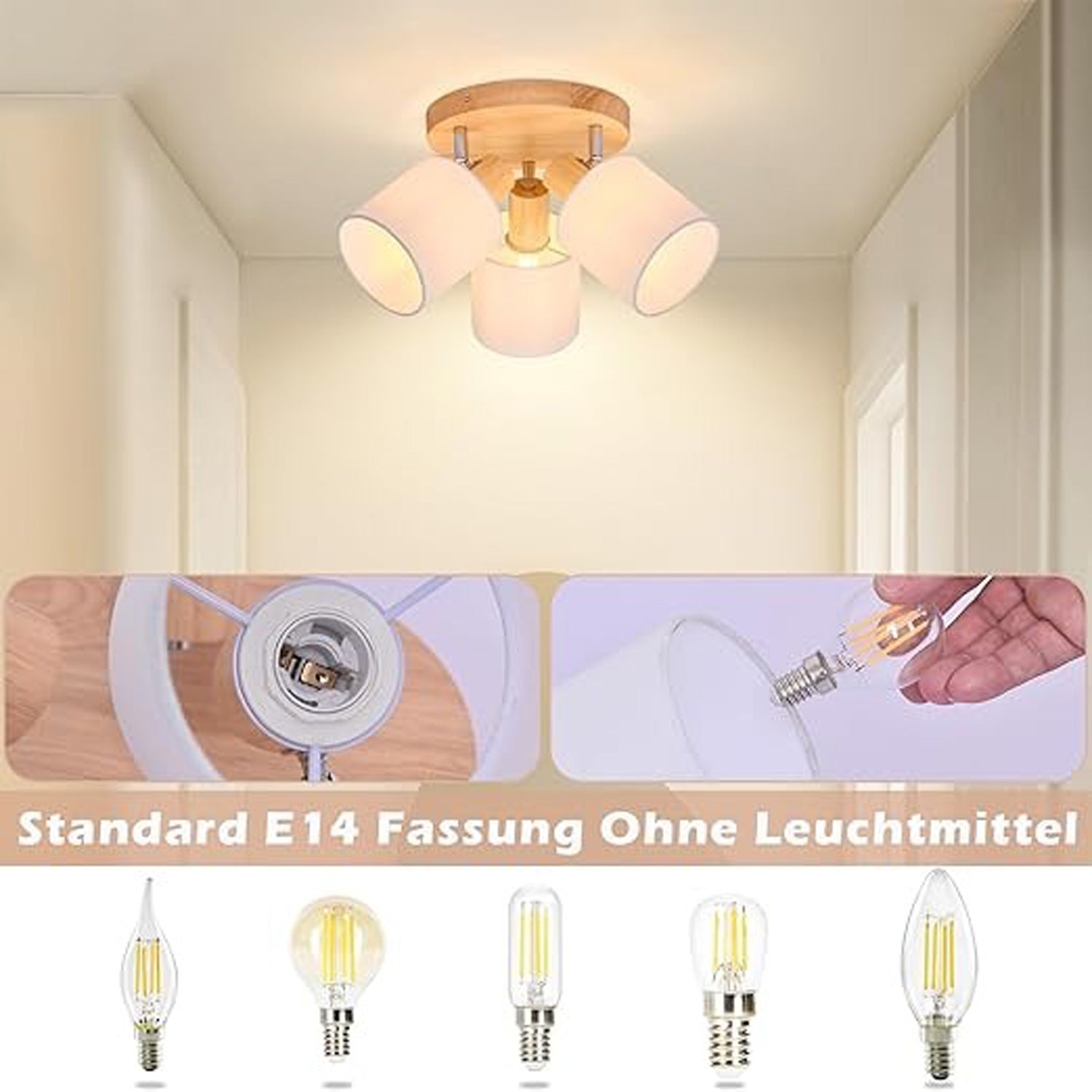 Homefire Deckenstrahler 3 Flammig Rund Holz - LED Deckenlampe Strahler Deckenleuchte E14 Spotleuchte Schenkbar 350° für Küche Wohnzimmer Schlamfzimmer Flur