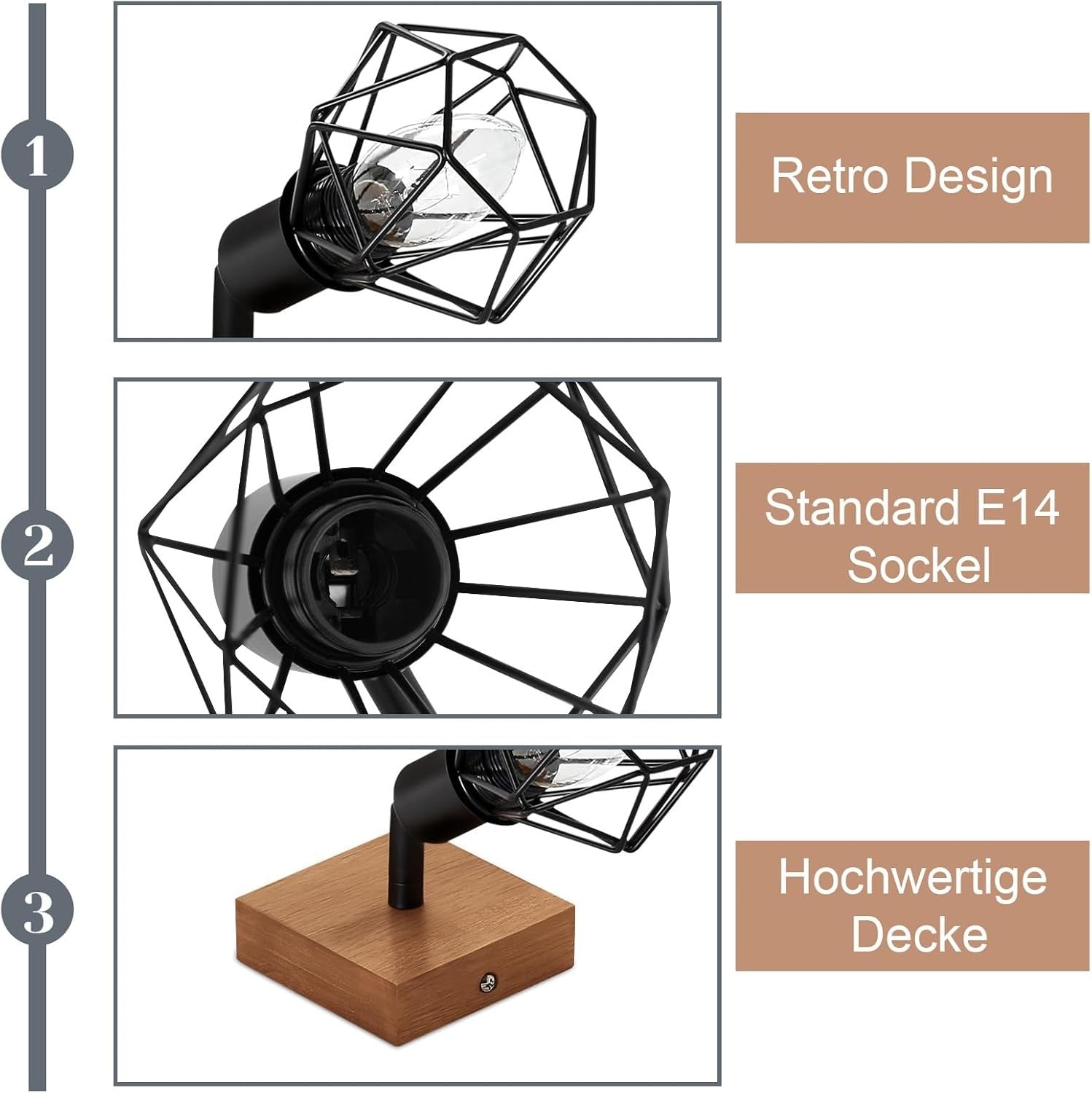 Homefire Deckenstrahler 1 Flammig Schwarz Deckenspot - Holz Deckenlampe E14 Vintage Metall Schwenkbar 350° Innen Deckenleuchte