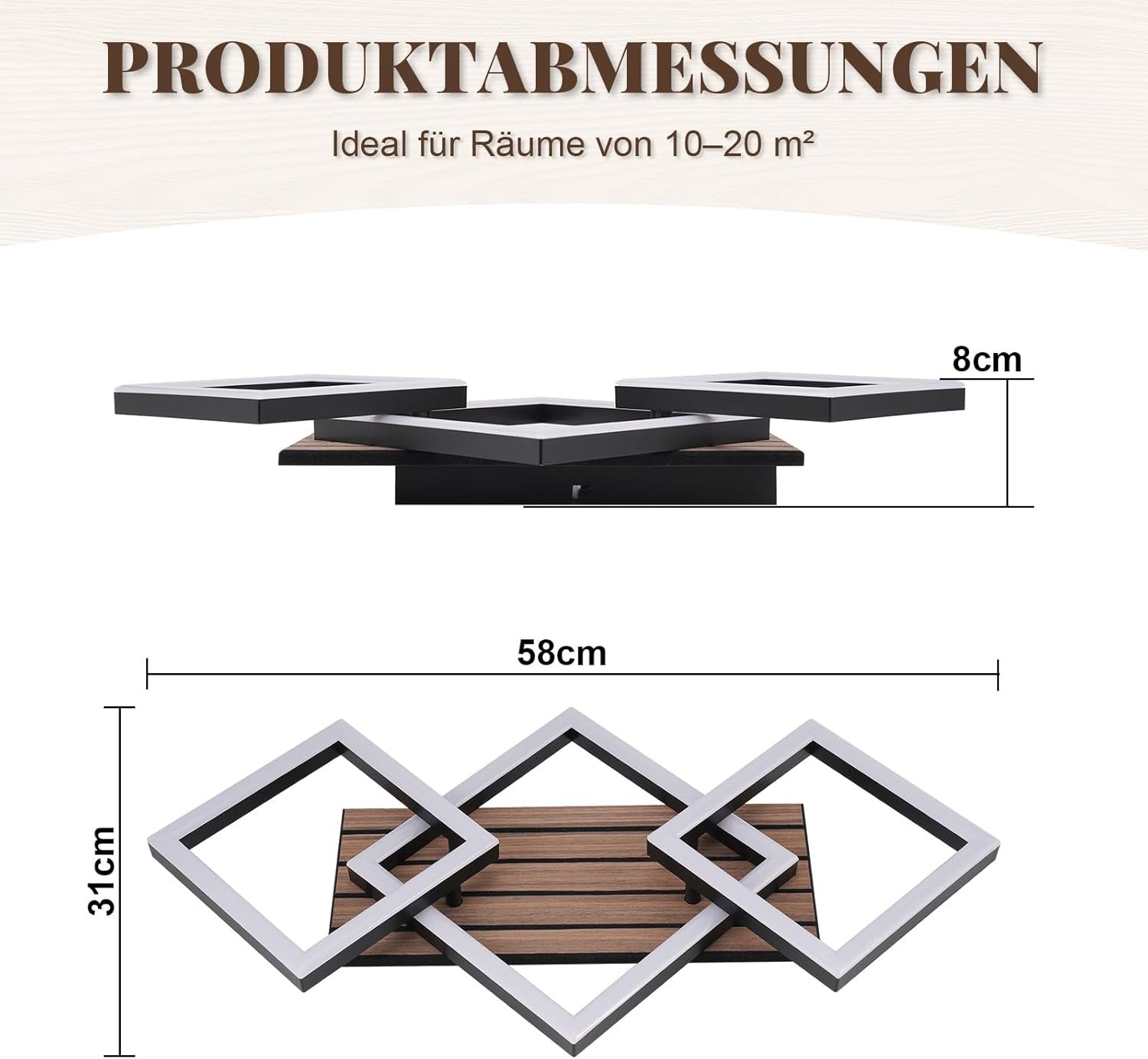 Homefire LED Deckenleuchte Wohnzimmer Deckenlampe - Wohnzimmerlampe 58CM Schwarz Modern Design Schlafzimmerlampe 3000K Eckig Schlafzimmer in Holzoptik Küchenlampe für Esszimmer Arbeitszimmer Küchen