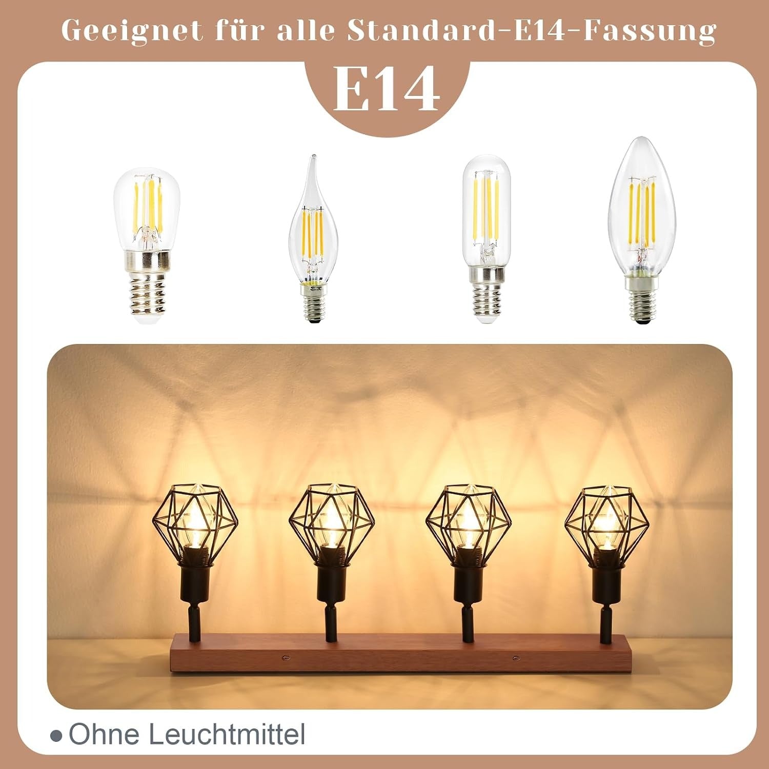 Homefire Schwarz 4 Flammig E14 Denckenspots - Holz Vintage Metall Deckenlampe Schwenkbar 350°