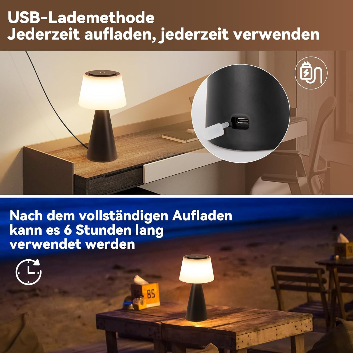 Homefire LED Tischlampe Solar Tischleuchte Akku - Kabellos Tischleuchte mit USB-C Touch Dimmbar 3000K - 5000K Schwarz Nachttischlampe 3600mAH Aufladbar für Wohnzimmer Schlafzimmer Outdoor