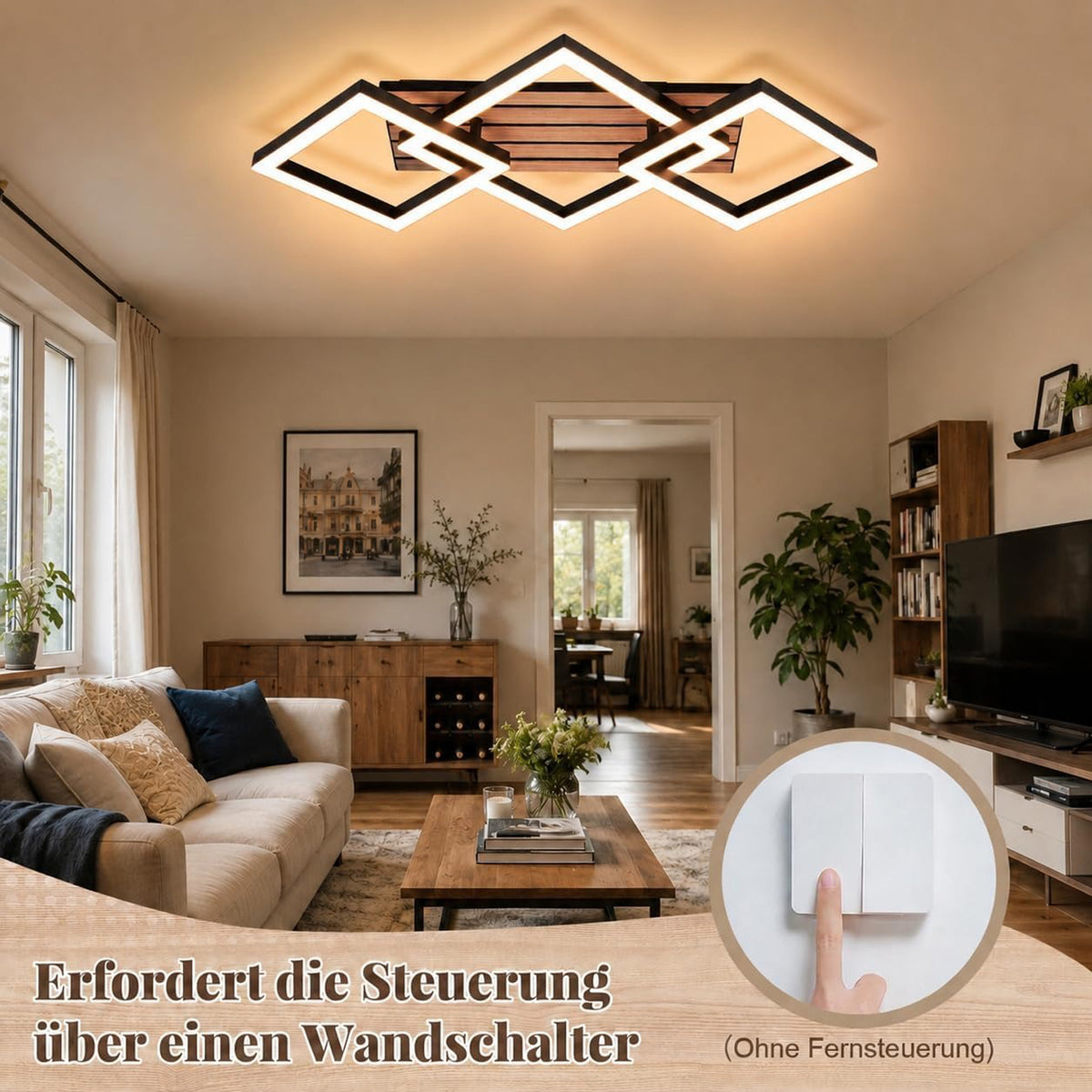 Homefire LED Deckenleuchte Wohnzimmer Deckenlampe - Wohnzimmerlampe 58CM Schwarz Modern Design Schlafzimmerlampe 3000K Eckig Schlafzimmer in Holzoptik Küchenlampe für Esszimmer Arbeitszimmer Küchen