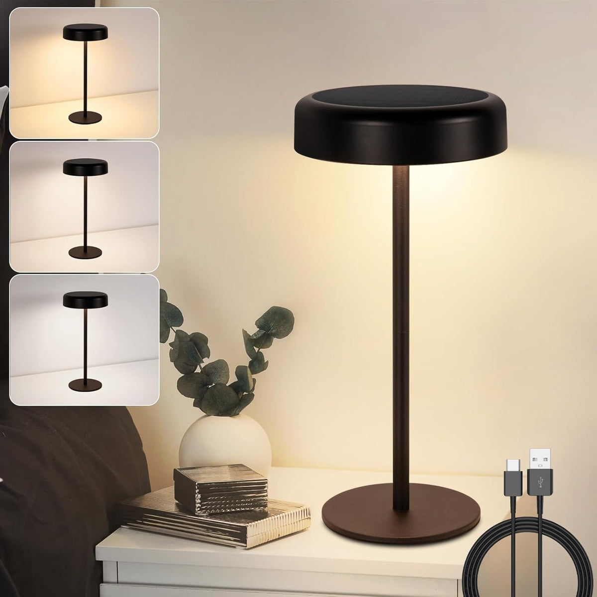 Tischlampe Kabellos LED Akku Tischleuchte - Solar Tischlampe Touch Dimmbar 3000-5000K mit USB-C Aufladba 3600mAH Schwarz Tischlampen Wasserdicht für Innen und Aussen