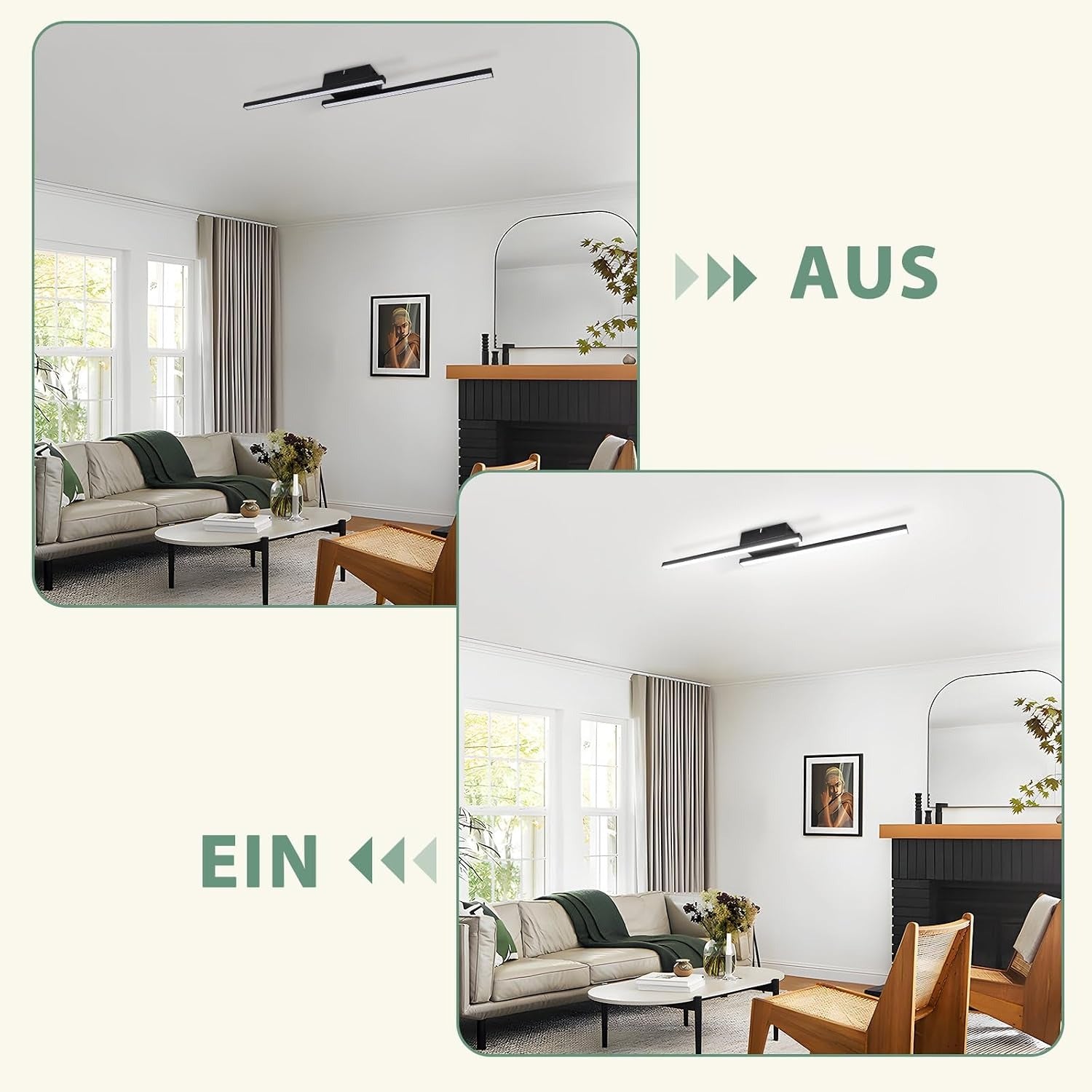 Homefire LED Deckenlampe Schwarz Flurlampe - 2ER Deckenleuchte Küche 6500K Modern 12W Schlafzimmerlampe Decke Lampe 61.5cm für Wohnzimmer Esszimmer Kinderzimmer Büro