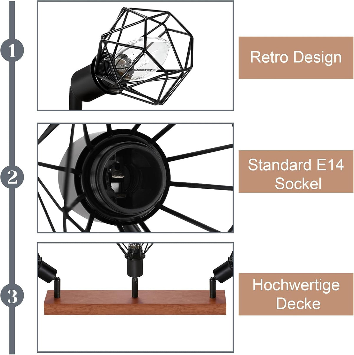 Homefire Deckenstrahler 3 Flammig Schwarz Holz - E14 Denckenspots Retro Deckenlampe Metall Schwenkbar 350° Deckenleuchte