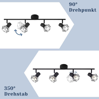 Homeifre Deckenstrahler 4 Flammig Deckenlampe Schwarz - Deckenspots Vintage Retro E14 Industrie Schwenkbar 350°Deckenleuchte Matt Metall Innen für Wohnzimmer Jugendzimmer Schlafzimmer Küche