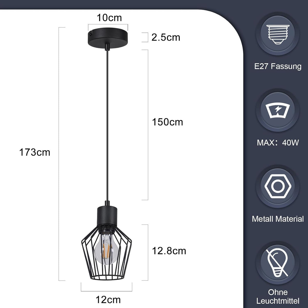 Hängeleuchte Esstisch Pendelleuchte Retro - Pendellampe E27 Schwarz 1 Flammig Hängend Lampen Metall Lampenschirm Hängelampe Industrie Wohnzimmerlampe für Küche Schlafzimmer Cafe