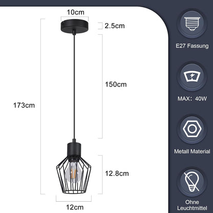 Hängeleuchte Esstisch Pendelleuchte Retro - Pendellampe E27 Schwarz 1 Flammig Hängend Lampen Metall Lampenschirm Hängelampe Industrie Wohnzimmerlampe für Küche Schlafzimmer Cafe