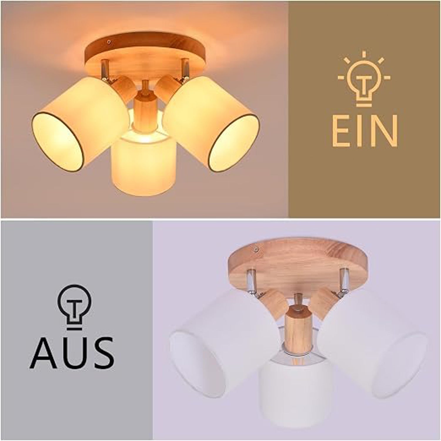 Homefire Deckenstrahler 3 Flammig Rund Holz - LED Deckenlampe Strahler Deckenleuchte E14 Spotleuchte Schenkbar 350° für Küche Wohnzimmer Schlamfzimmer Flur