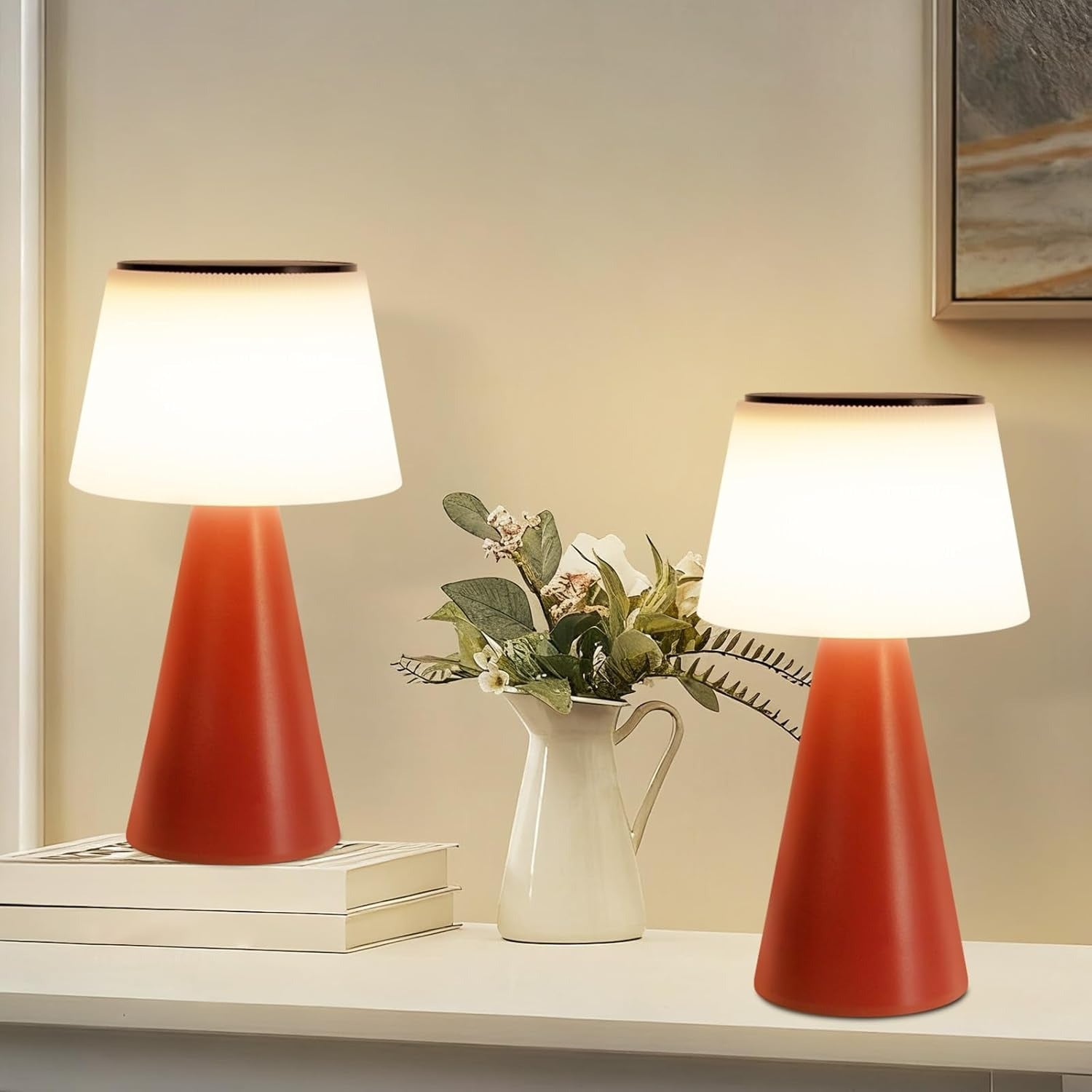 Homefire Tischlampe Solar Akku Nachttischlampe - 2er Set Kabellos Led Tischleuchte 3600mAH Aufladbar Touch Dimmbar Rot Lampe mit USB IP44 für Modern Wohnzimmer Schlafzimmer und Outdoor