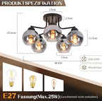 Deckenlampe Glas Deckenleuchte Wohnzimmer Vintage: Schwarz Wohnzimmerlampe 5 flammig Rauchgrau aus Metall Industrial E27 Retro Küchenlampe decke für Schlafzimmer Küche - Ohne Leuchtmittel
