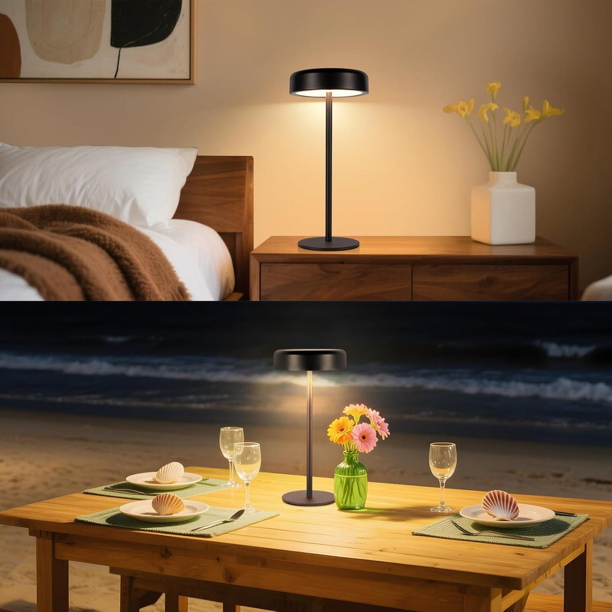 Tischlampe Kabellos LED Akku Tischleuchte - Solar Tischlampe Touch Dimmbar 3000-5000K mit USB-C Aufladba 3600mAH Schwarz Tischlampen Wasserdicht für Innen und Aussen