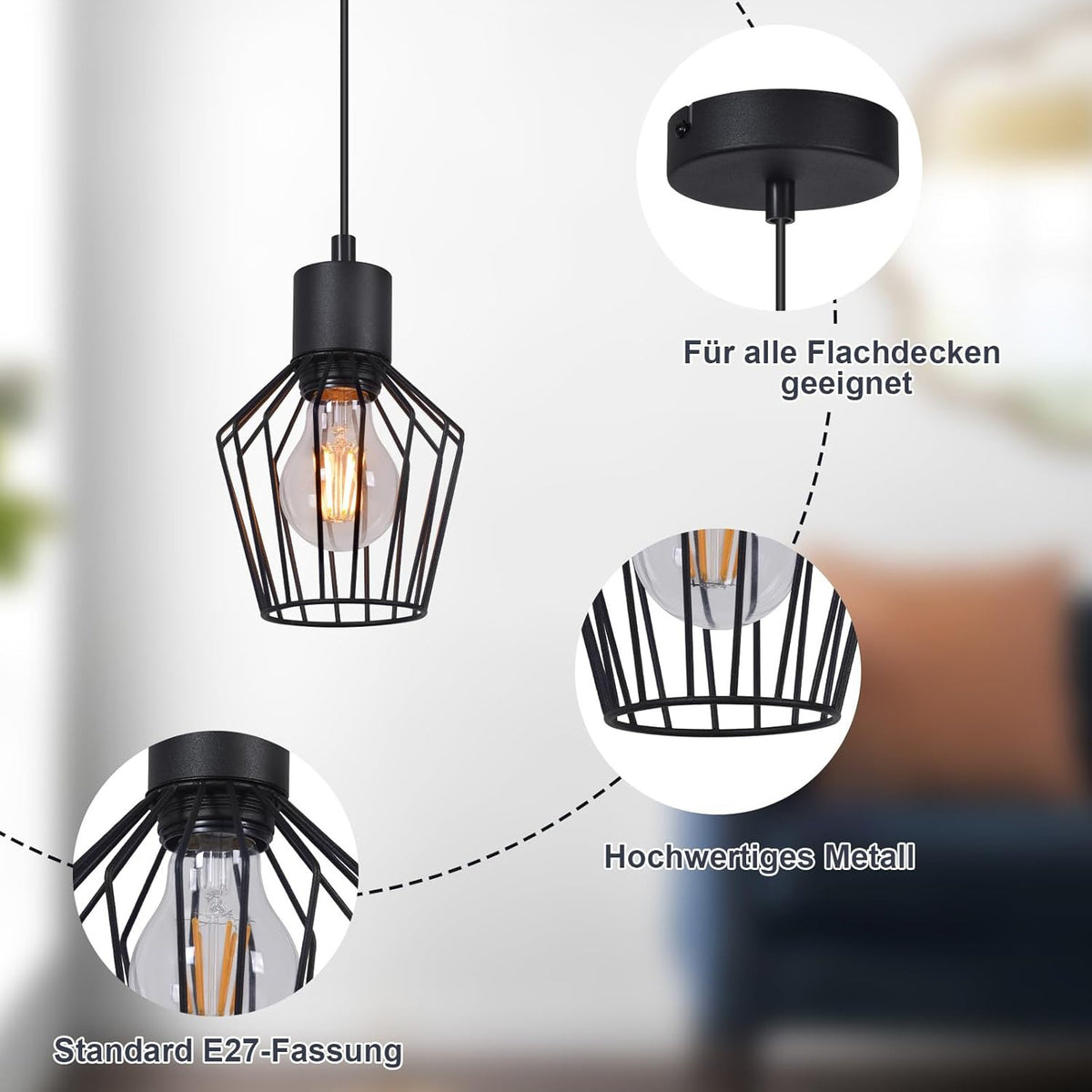 Hängeleuchte Esstisch Pendelleuchte Retro - Pendellampe E27 Schwarz 1 Flammig Hängend Lampen Metall Lampenschirm Hängelampe Industrie Wohnzimmerlampe für Küche Schlafzimmer Cafe