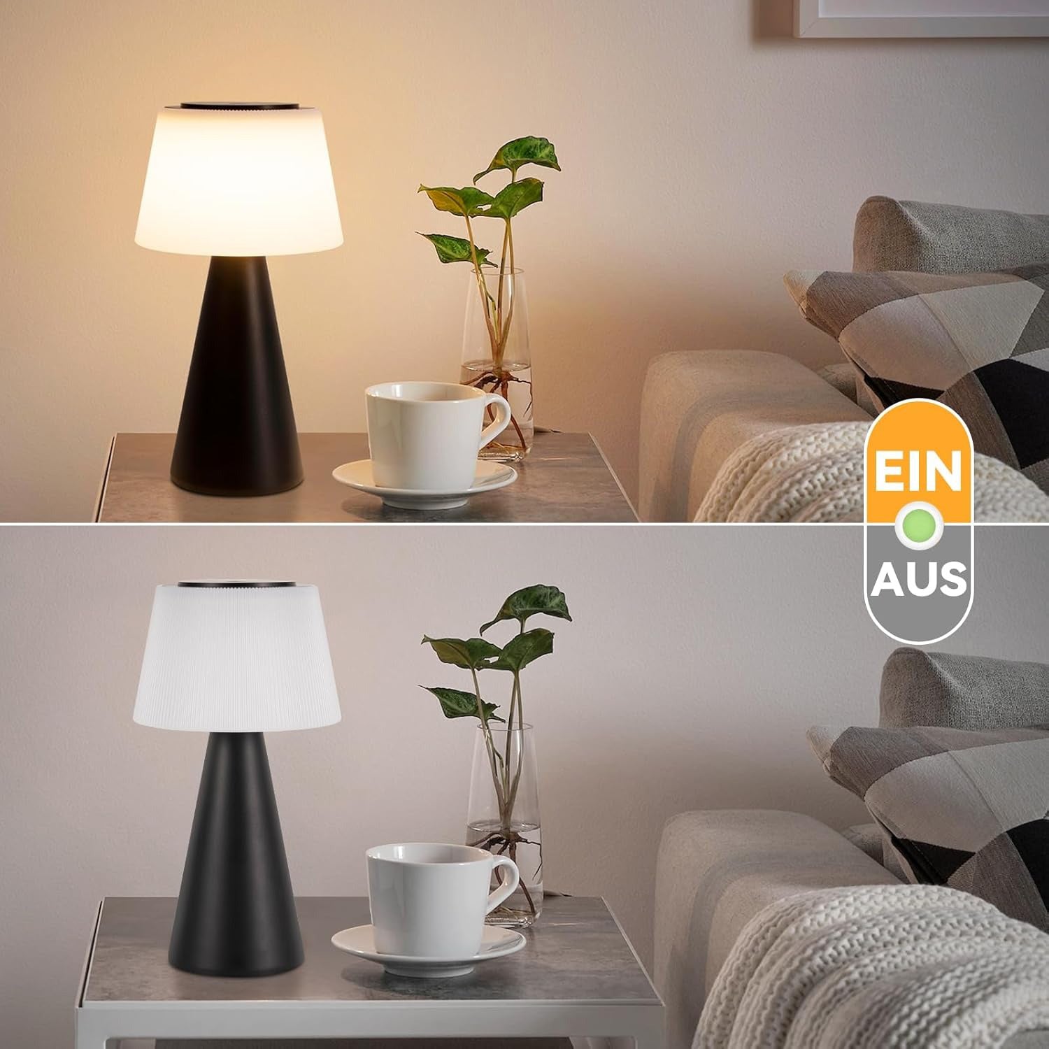Homefire Tischlampe Akku Nachttischlampe LED - 3600mAH Kabellos Tischleuchte Touch Dimmbar Lampe 2er Set mit USB IP44 Aufladbar Schwarz Batterie Tischlampen für Modern Wohnzimmer Schlafzimmer Outdoor