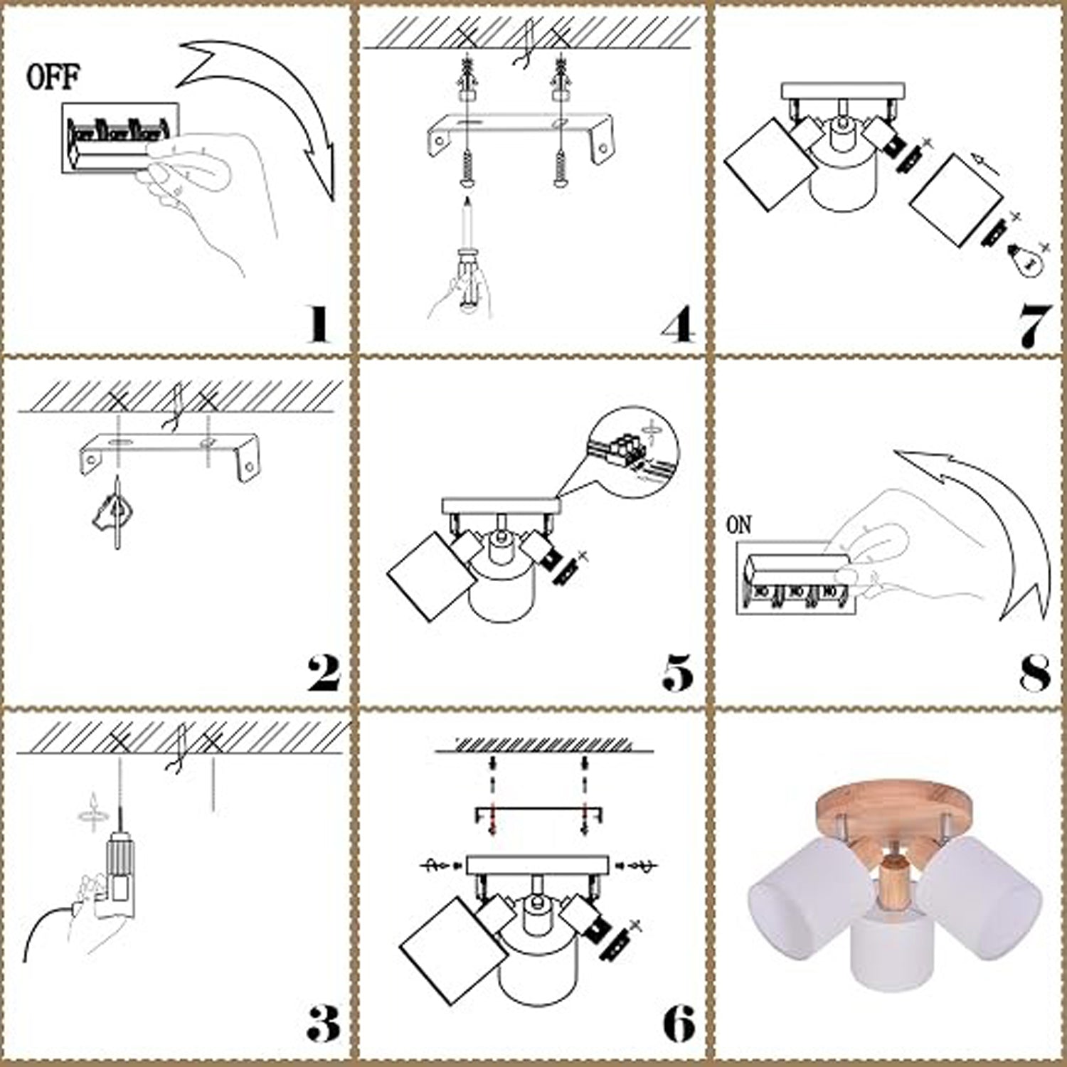 Homefire Deckenstrahler 3 Flammig Rund Holz - LED Deckenlampe Strahler Deckenleuchte E14 Spotleuchte Schenkbar 350° für Küche Wohnzimmer Schlamfzimmer Flur