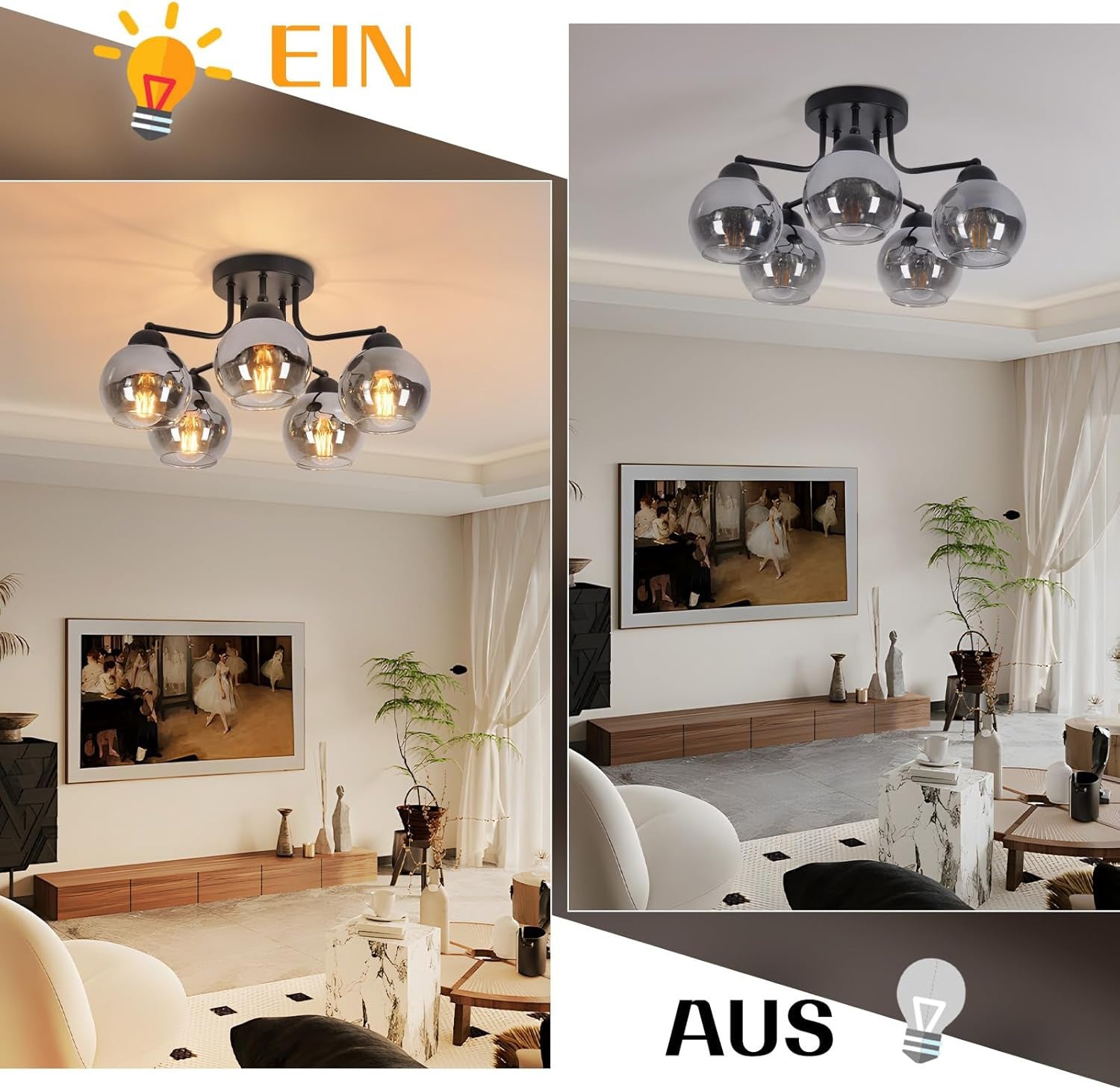 Deckenlampe Glas Deckenleuchte Wohnzimmer Vintage: Schwarz Wohnzimmerlampe 5 flammig Rauchgrau aus Metall Industrial E27 Retro Küchenlampe decke für Schlafzimmer Küche - Ohne Leuchtmittel