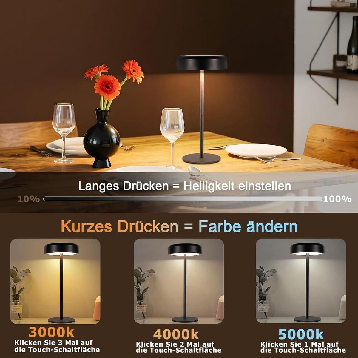 Tischlampe Kabellos LED Akku Tischleuchte - Solar Tischlampe Touch Dimmbar 3000-5000K mit USB-C Aufladba 3600mAH Schwarz Tischlampen Wasserdicht für Innen und Aussen