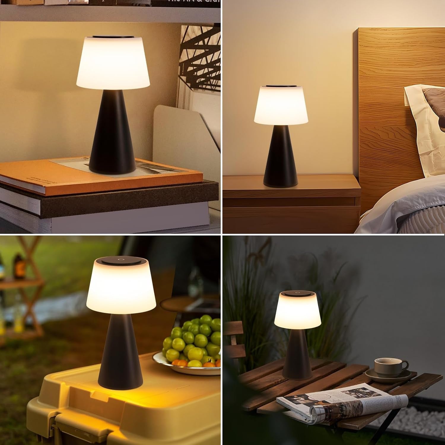 Homefire LED Tischlampe Solar Tischleuchte Akku - Kabellos Tischleuchte mit USB-C Touch Dimmbar 3000K - 5000K Schwarz Nachttischlampe 3600mAH Aufladbar für Wohnzimmer Schlafzimmer Outdoor