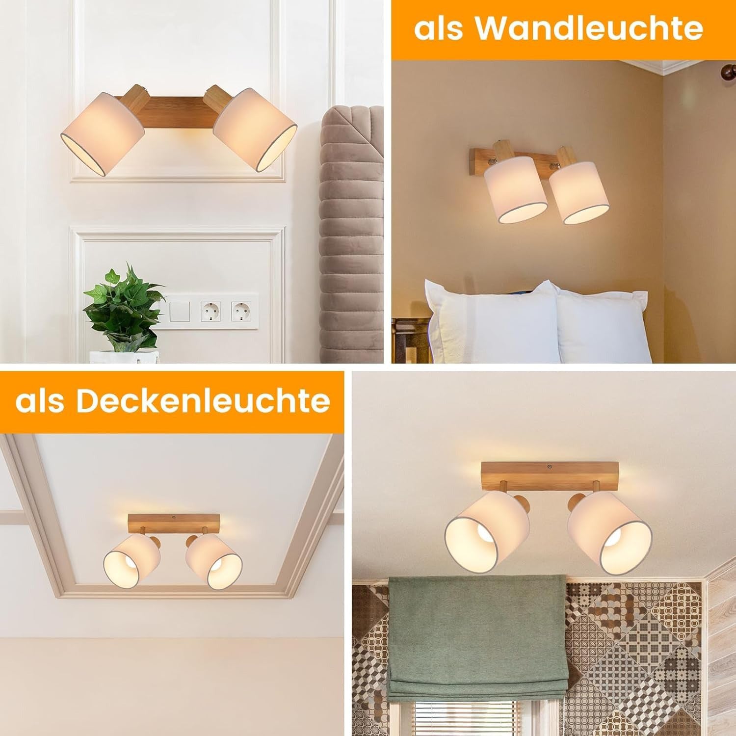 Homefire Deckenleuchte 2 Flammig Deckenlampe Flur - Deckenstrahler Vintage Holz Deckenspot Wandstrahler Schwenkbar 350° E14 MAX.25W lampe für Wohnzimmer Schlafzimmer Küche