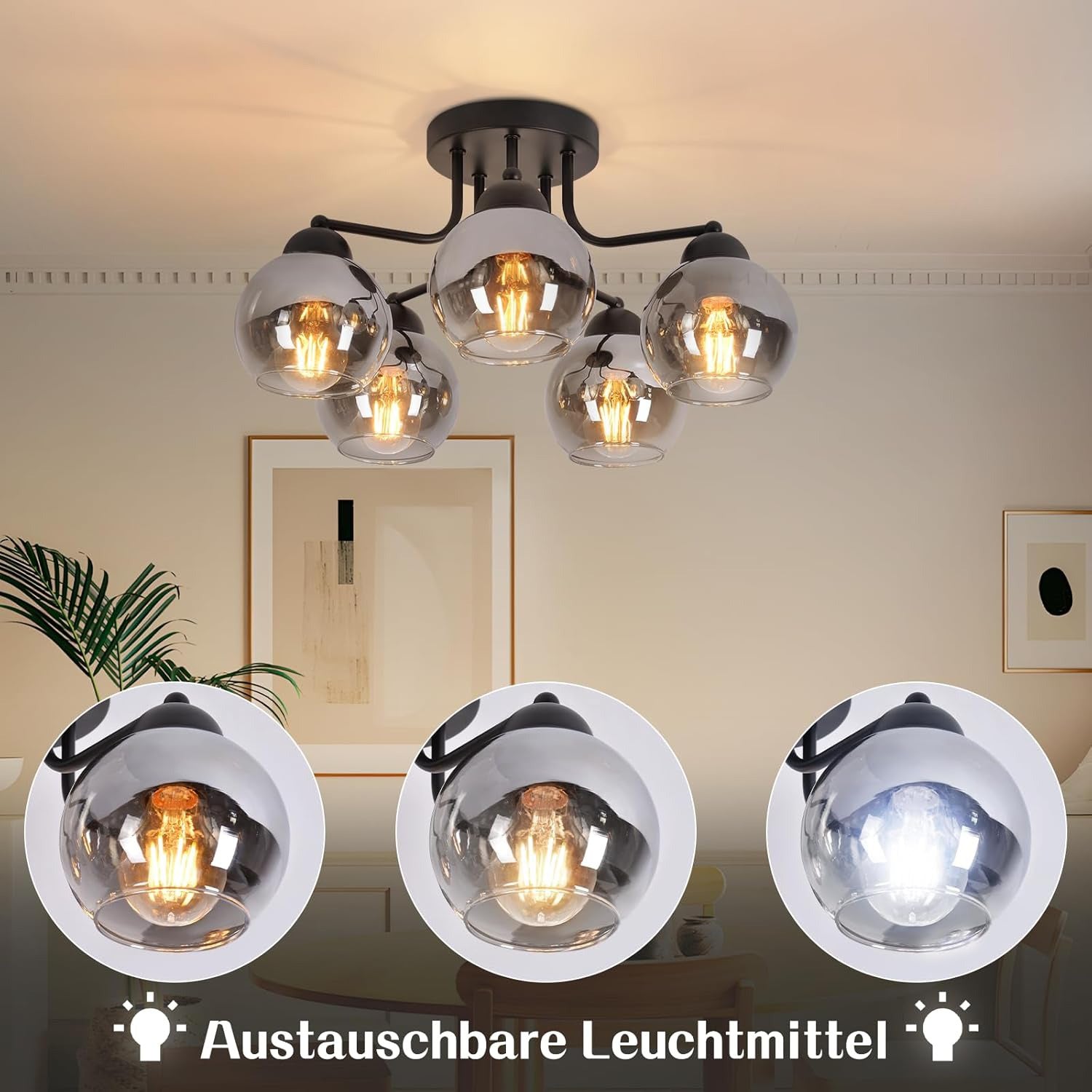 Deckenlampe Glas Deckenleuchte Wohnzimmer Vintage: Schwarz Wohnzimmerlampe 5 flammig Rauchgrau aus Metall Industrial E27 Retro Küchenlampe decke für Schlafzimmer Küche - Ohne Leuchtmittel