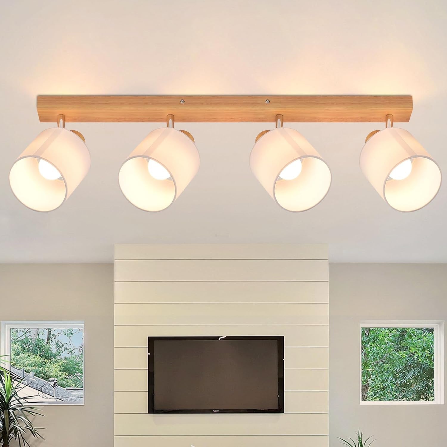Homefire Deckenstrahler 4 Flammig Deckenlampe Wohnzimmer - Holz Deckenleuchte Modern Deckenspot E14 Schwenkbar 350° MAX.25W küchenlampe Stoffschirm für Schlafzimmer Küche Flur