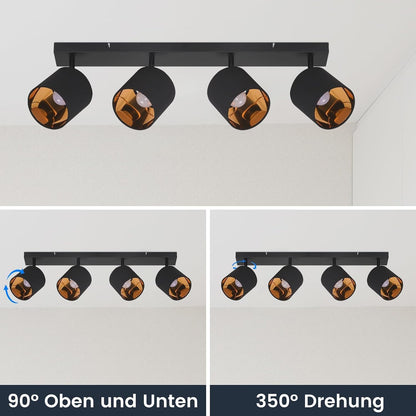 Homefire Deckenlampe 4 Flammig Deckenstrahler Schwarz - Deckenleuchte Wohnzimmer Vintage Wohnzimmerlampe E14 Fassung Stoffschirm Schwenkbar 350° MAX.25W für Schlafzimmer Flur