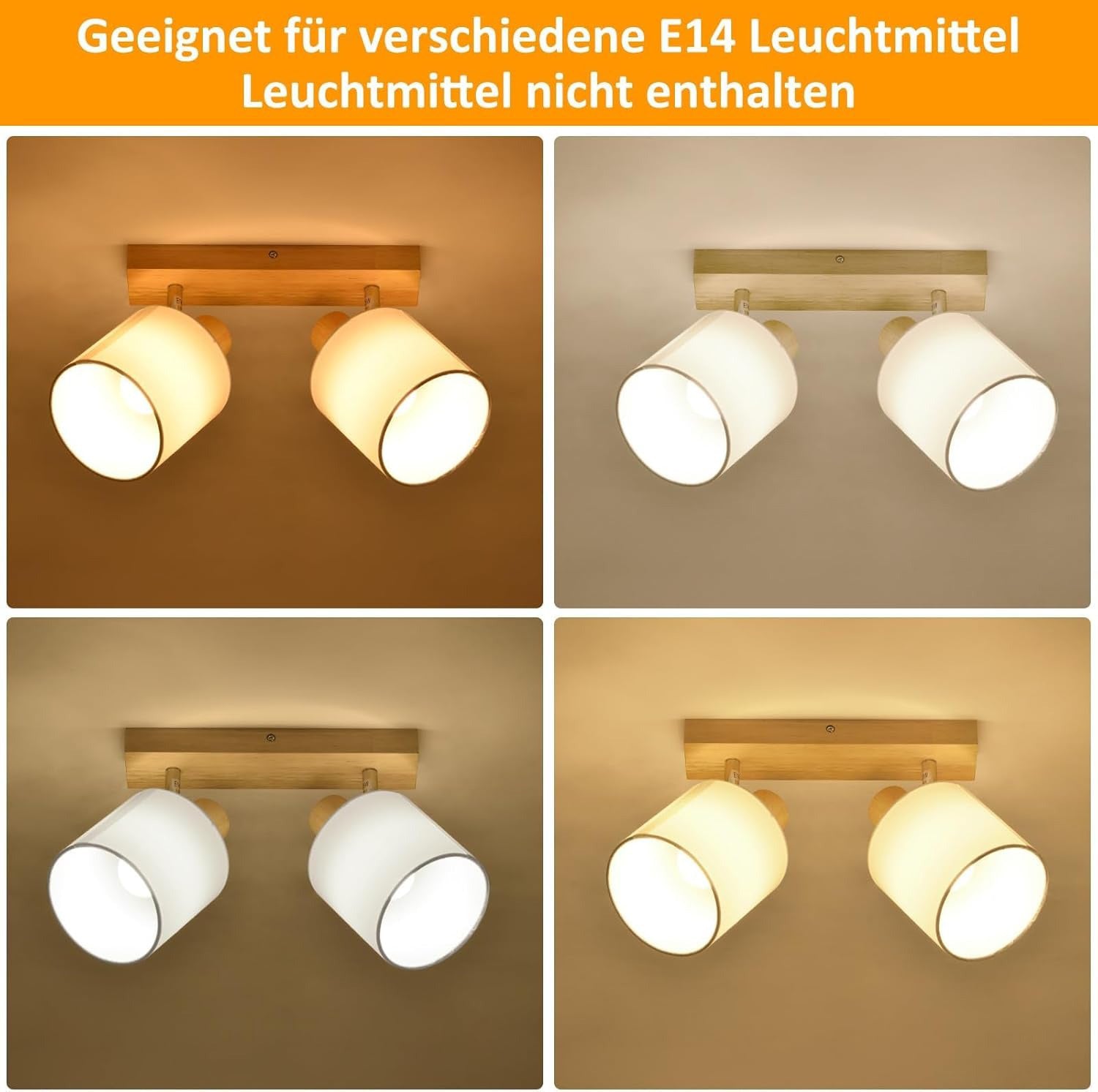 Homefire Deckenleuchte 2 Flammig Deckenlampe Flur - Deckenstrahler Vintage Holz Deckenspot Wandstrahler Schwenkbar 350° E14 MAX.25W lampe für Wohnzimmer Schlafzimmer Küche