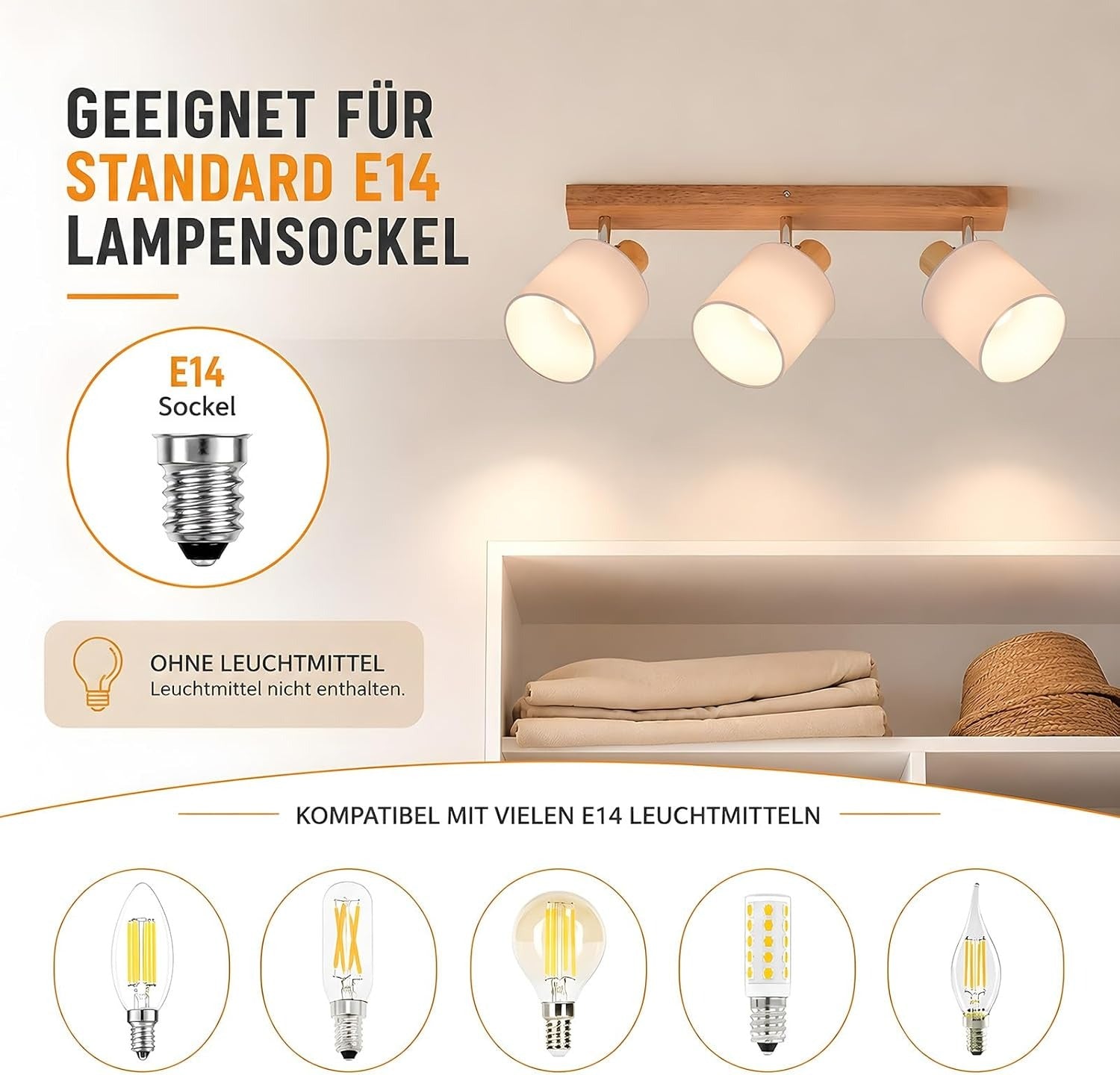 Homefire Deckenlampe 3 Flammig Deckenstrahler Holz - LED Deckenleuchte Vintage Boho Deckenspot E14 Lampe Schwenkbar 350° Spot Retro für Schlafzimmer Küche Flur MAX.25W