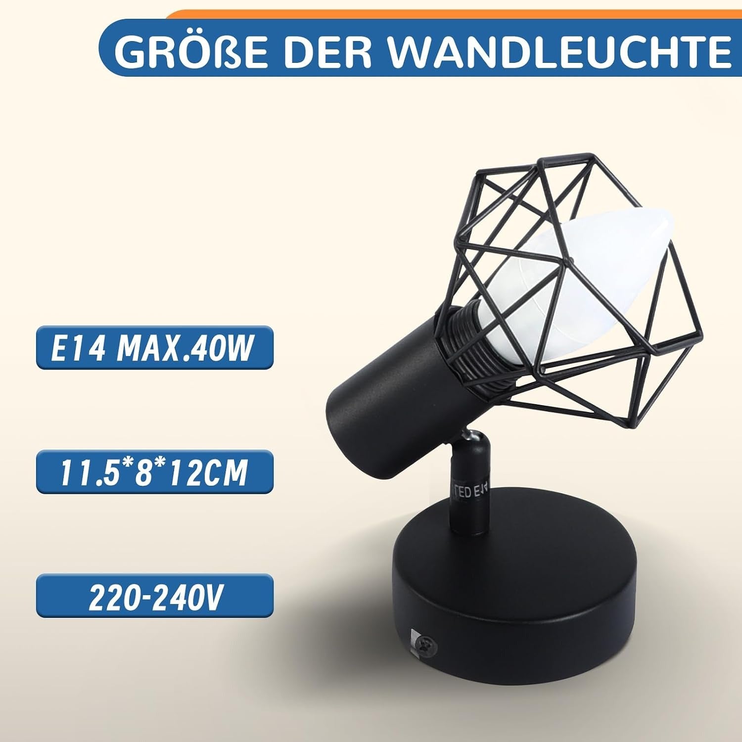 Homefire Wandspots Schwarz Wandstrahler Retro - Wandleuchte E14 Verstellbar Vintage Wandlampe 1 Flammig 350° für Flur Arbeitszimmer Schlafzimmer Wohnzimmer Küche Max. 40W