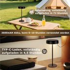 Tischlampe Kabellos LED Akku Tischleuchte - Solar Tischlampe Touch Dimmbar 3000-5000K mit USB-C Aufladba 3600mAH Schwarz Tischlampen Wasserdicht für Innen und Aussen