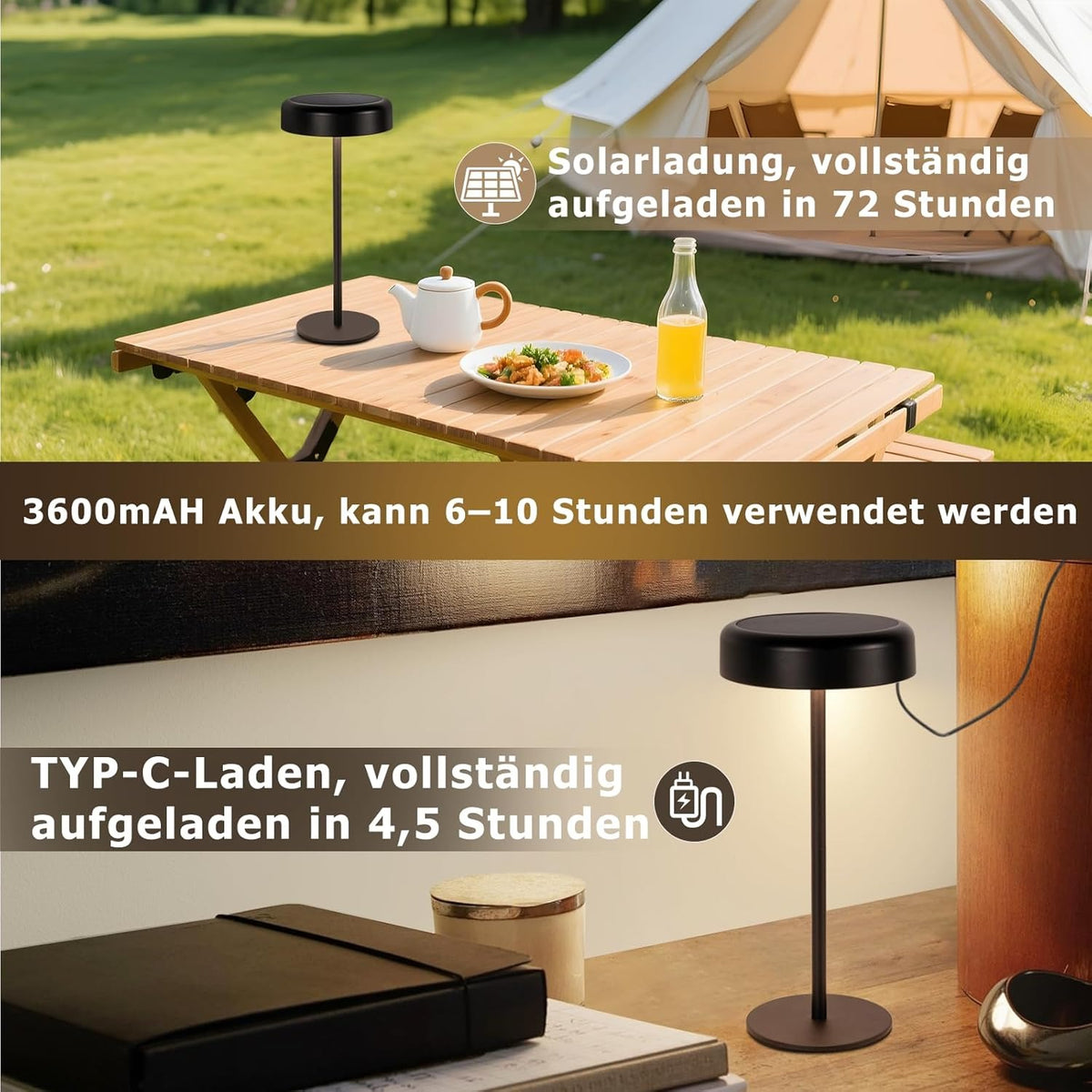 Tischlampe Kabellos LED Akku Tischleuchte - Solar Tischlampe Touch Dimmbar 3000-5000K mit USB-C Aufladba 3600mAH Schwarz Tischlampen Wasserdicht für Innen und Aussen
