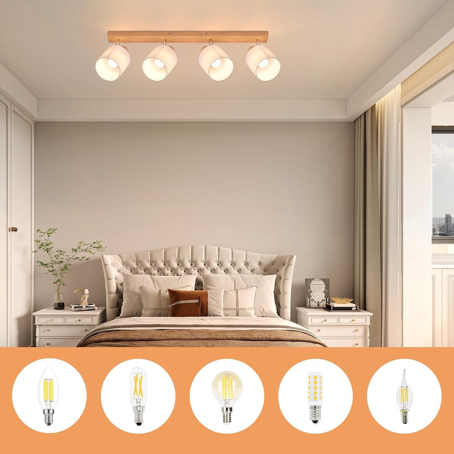 Homefire Deckenstrahler 4 Flammig Deckenlampe Wohnzimmer - Holz Deckenleuchte Modern Deckenspot E14 Schwenkbar 350° MAX.25W küchenlampe Stoffschirm für Schlafzimmer Küche Flur