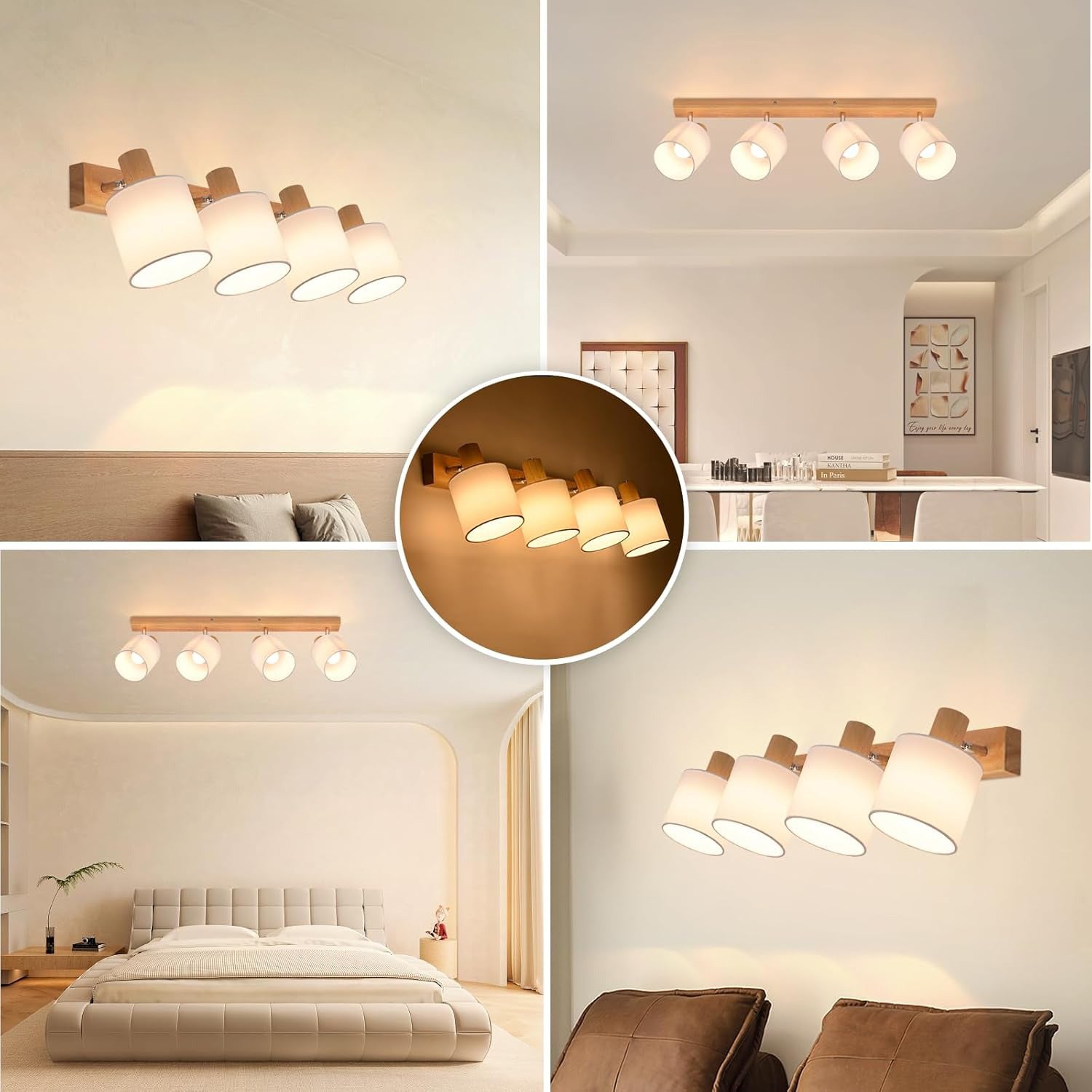 Homefire Deckenstrahler 4 Flammig Deckenlampe Wohnzimmer - Holz Deckenleuchte Modern Deckenspot E14 Schwenkbar 350° MAX.25W küchenlampe Stoffschirm für Schlafzimmer Küche Flur