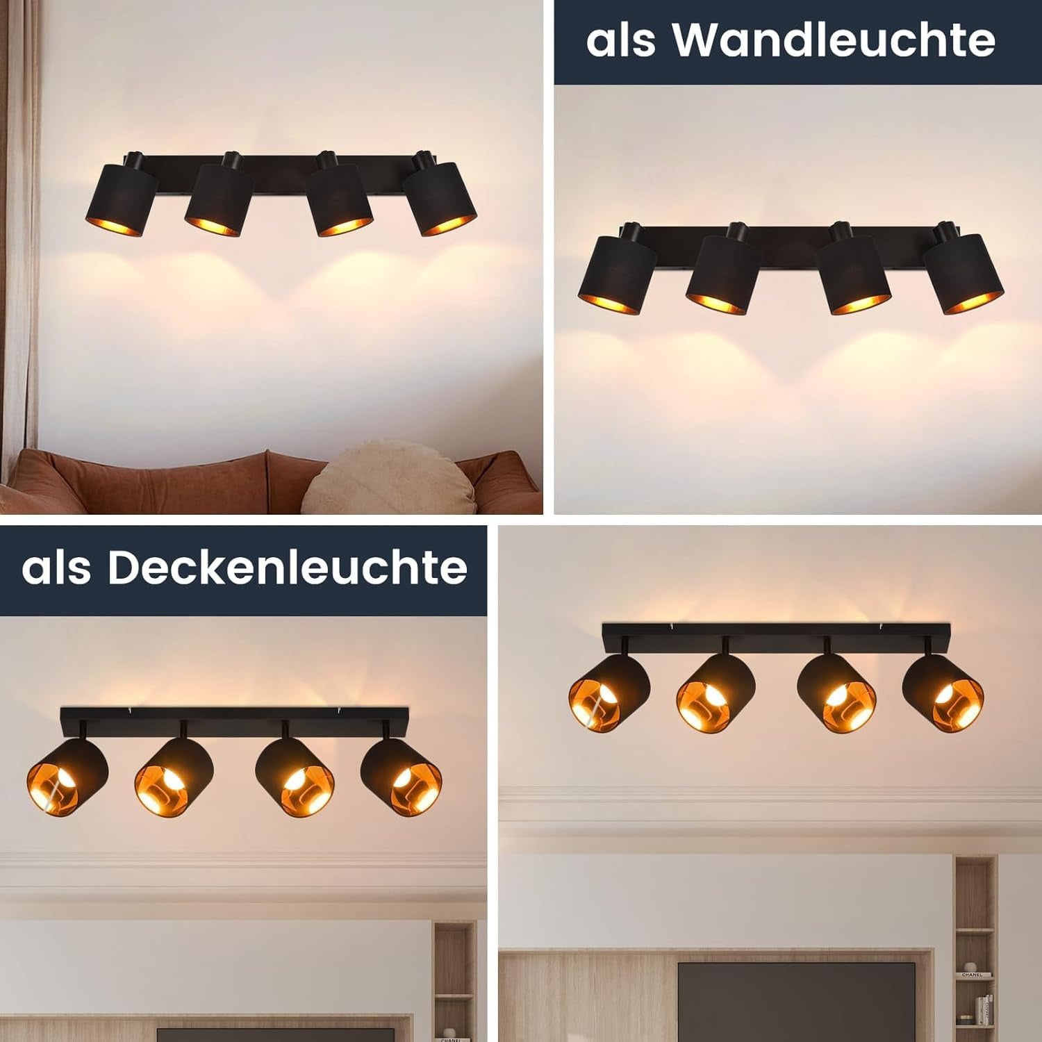 Homefire Deckenlampe 4 Flammig Deckenstrahler Schwarz - Deckenleuchte Wohnzimmer Vintage Wohnzimmerlampe E14 Fassung Stoffschirm Schwenkbar 350° MAX.25W für Schlafzimmer Flur